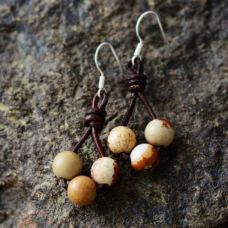 Женские серьги с натуральными камнями винтажные кожаные висячие дизайнерские