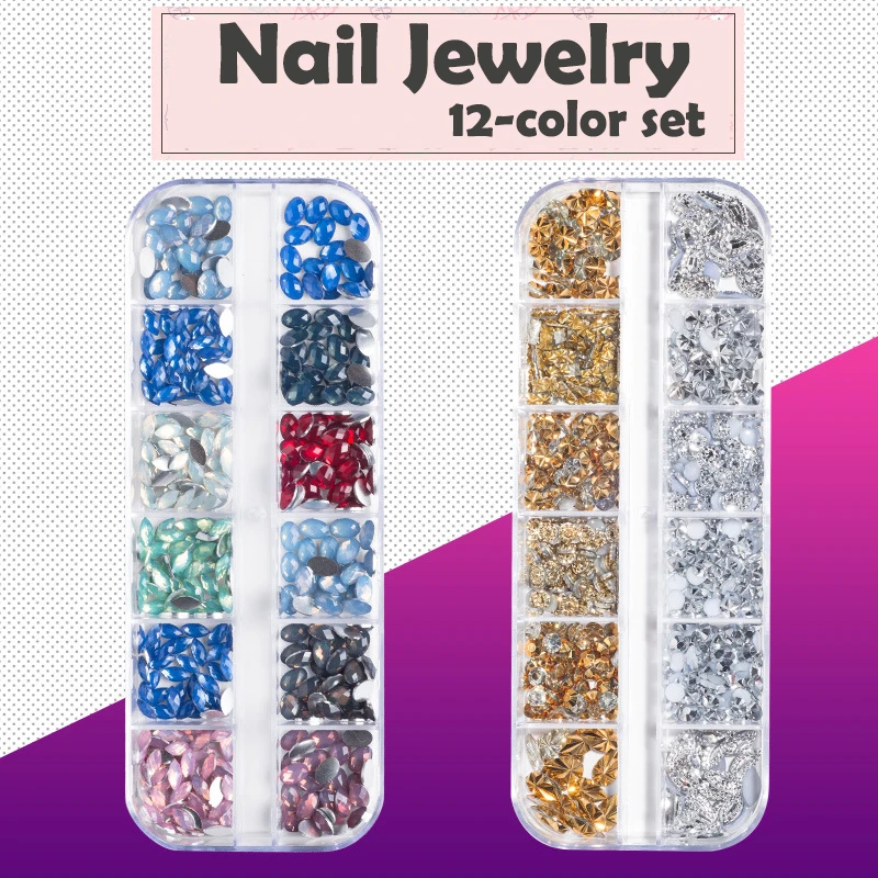 

12 Grids Long Strip Box Nail Art Rhinestone Various Shape Peaky Gem AB Flat Bottom Diamond Nail Decorations Manicure Accessories