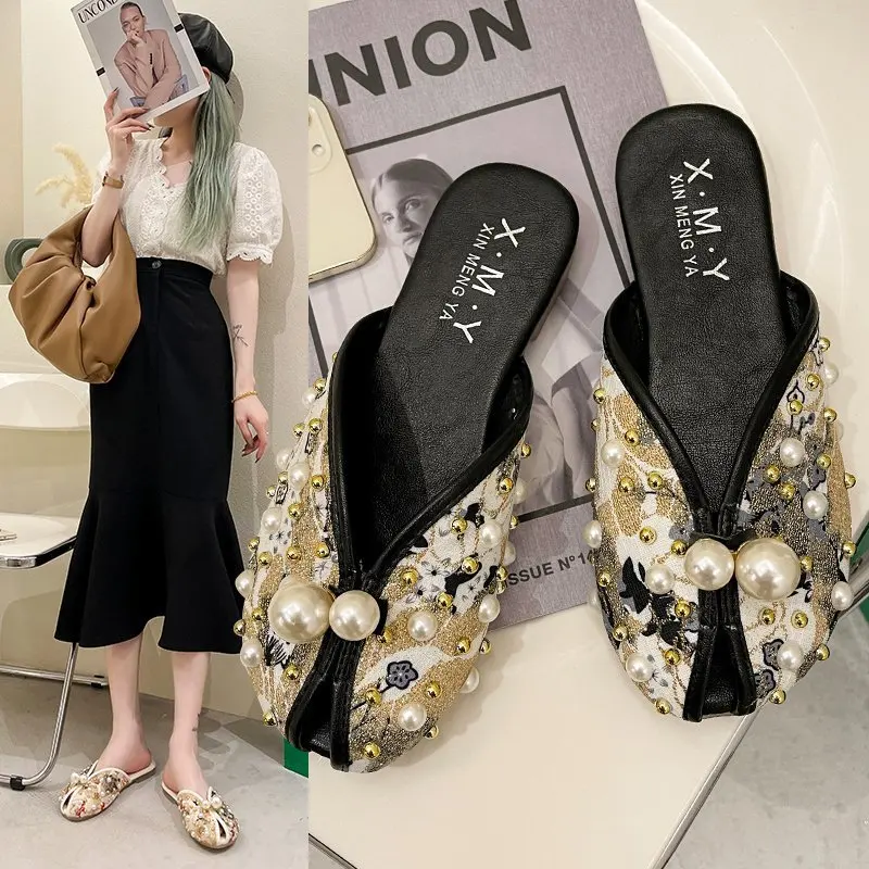 

Flat Shoes Female Slippers Women Summer Pearl Slides String Bead Pantofle Peep Toe Low Designer 2021 Cover Soft flower Rubber