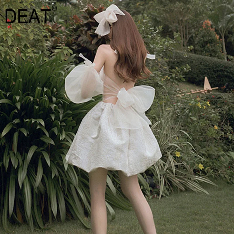 

DEAT Women White Printing Lace Gauze Hollow Bow Dress New Halter Short Puff Sleeve Slim Fit Fashion Tide Summer 2021 7D0887