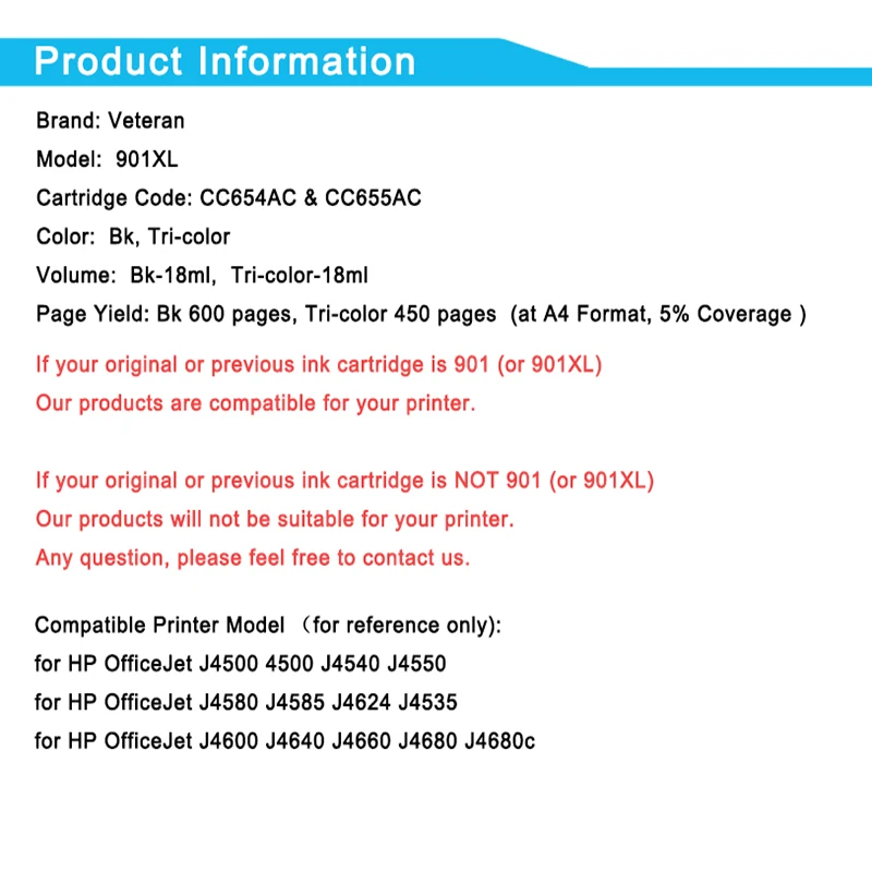 Veteran 901XL сменный чернильный картридж для Hp 901 Xl Hp901 Deskjet 4500 J4580 J4550 J4540 J4680 J4524 J4535 J4585 |