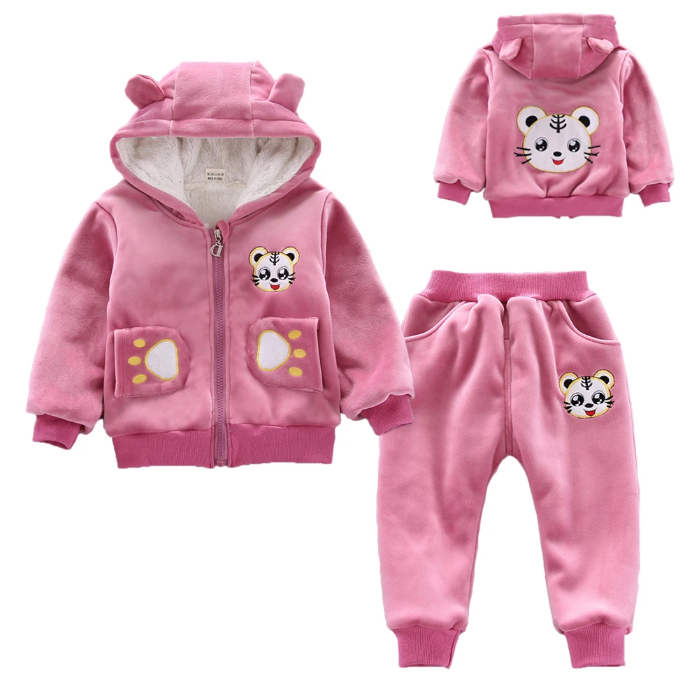 

Winter Warm Kids Clothing Set Thick Plush Cotton Clothing Set For Boys And Girls Hooded Jacket And Pants 2Pcs Children Clothes