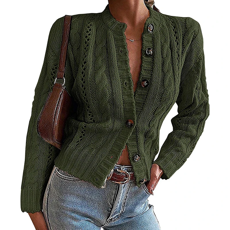 

Spring Fall Women Sweater Cardigan Twist Knit Buttons Simple Color Casual Style Clothing White/Black/Khaki/Army Green/Burgundy