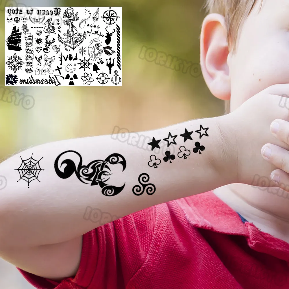 Anchor Pirate Temporary Tattoos For Kids Toddler Boy Adult Men Women Black Whale Tattoo Sticker Fake Transfer Small Tatto Face images - 5