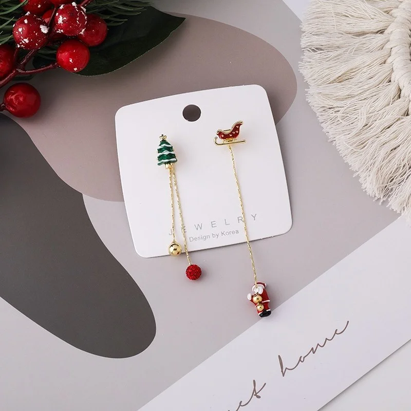 

2021 Wholesale Christmas Old Man Asymmetric Earrings Long Temperament Tassel Niche Design Earrings for Women Girl Gift