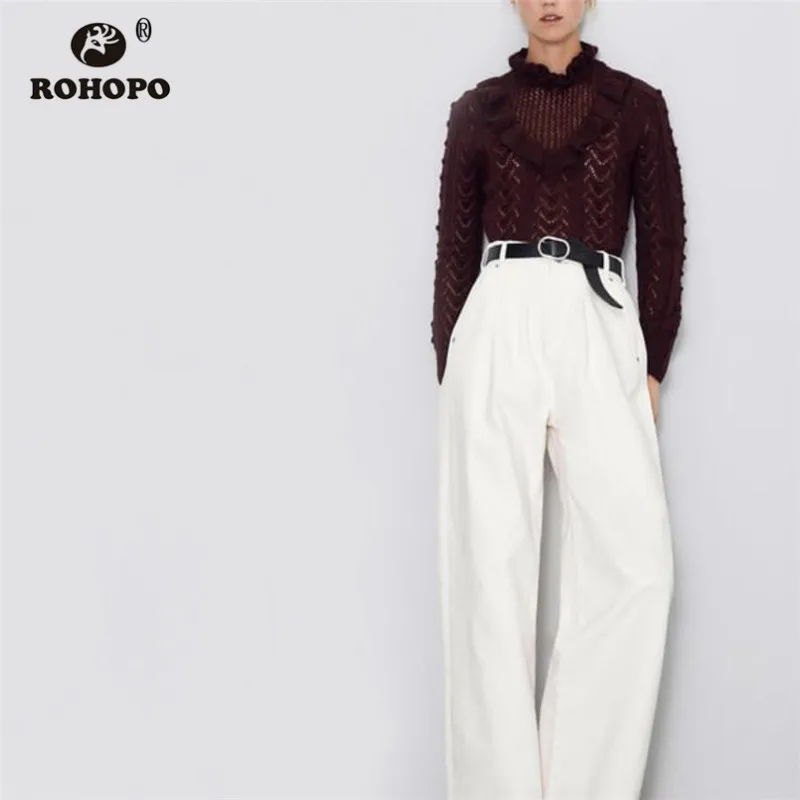 ROHOPO длинный рукав оверлокированный круглый воротник спереди свитер с оборками