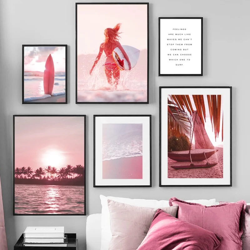 

Pink Beach Sea Surfboard Boat Tree Wall Art Print Canvas Painting Nordic Posters And Prints Wall Pictures For Living Room Decor