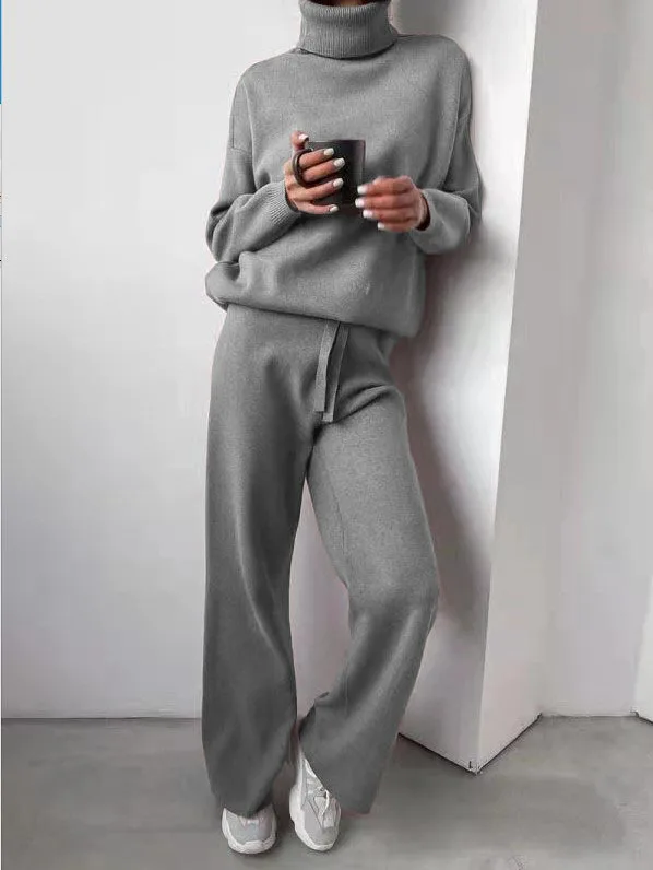 Женский комплект из двух предметов, однотонный пуловер с высоким воротником и длинные брюки, домашний костюм, осенняя повседневная одежда с... от AliExpress RU&CIS NEW