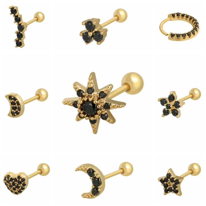 1Pair 925 Sterling Silver Black Zircon Stud Earrings for Women Piercing 2020 Simple Gold Rose Cartilage | Украшения и аксессуары