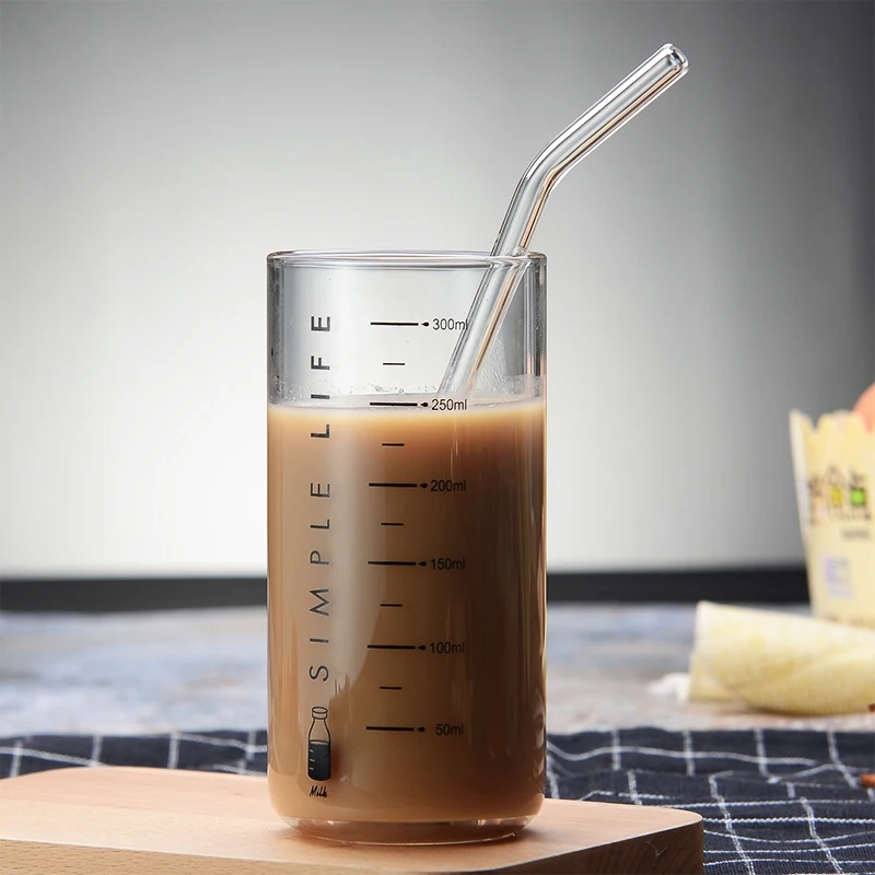 

300ML Thick High Temperature Resistant Glass Scale Cup Baking Microwave Oven Straight Measuring Cup with Glass Straw Milk Cup