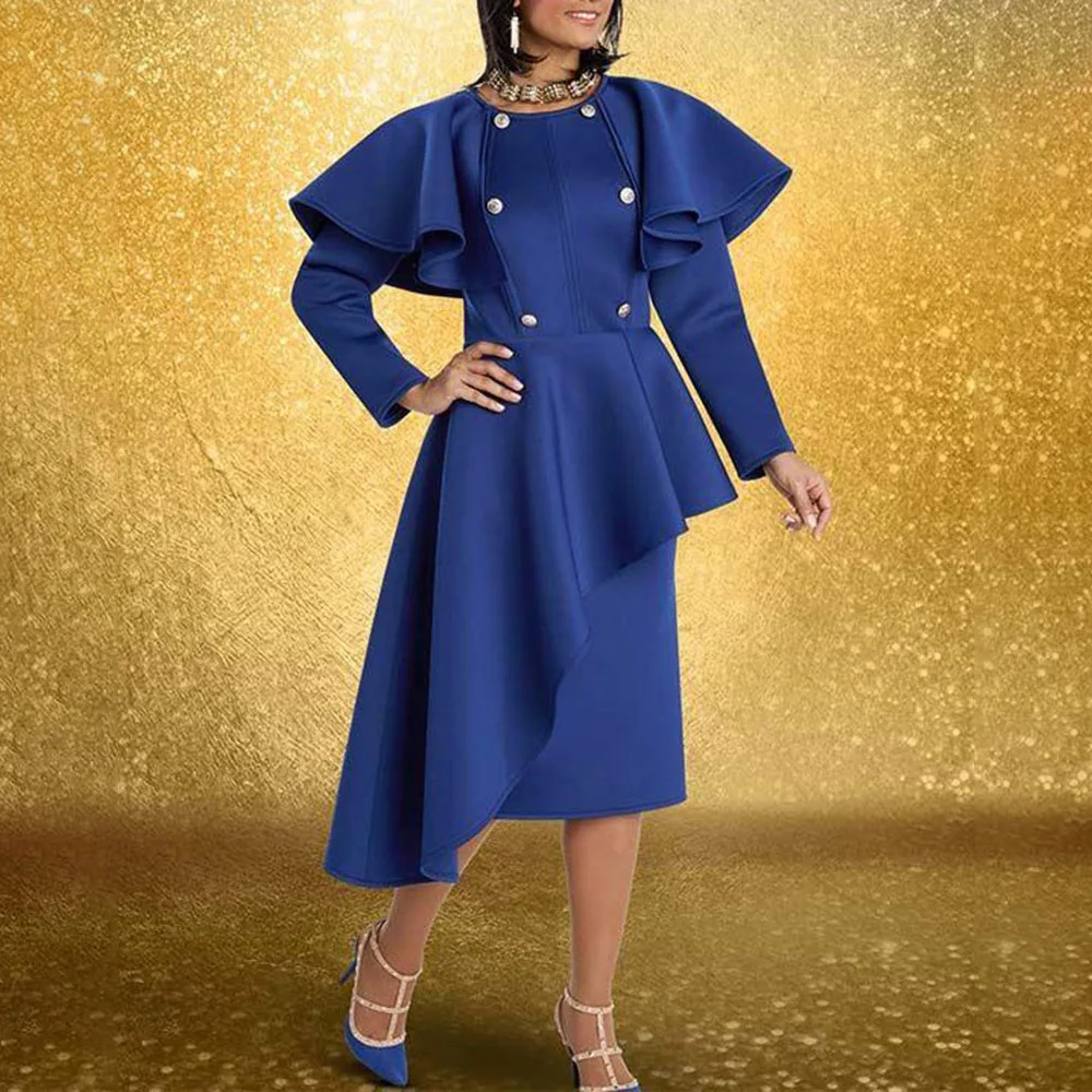 

2021 Autumn Winter New African Dress Fashion Temperament Commute High Waist Womens Irregular Round Neck Long Sleeve Dress