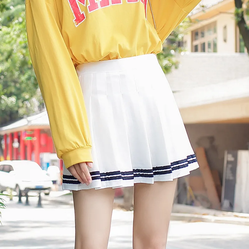 

OEM XS-XXL Spring Summer Women Skirts Student Girl Striped Pleated Waist Female Sweet Mini Dance Plaid Black White Pink Skirt