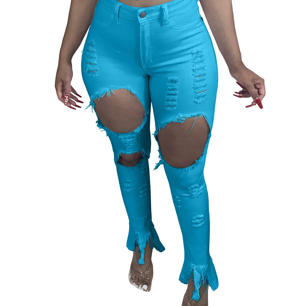 

High Waist Denim Jeans For Women Ripped Hole Skinny Stretch Jean Pencil Pants