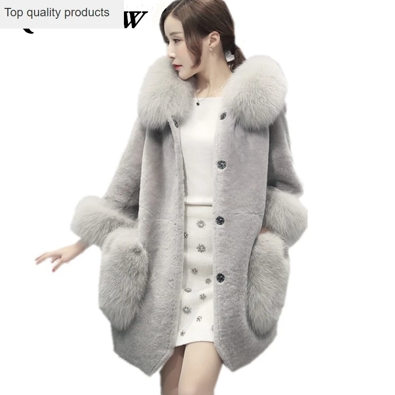 Autumn 2023 New Winter Women Fur Coat Thick Fox Fur Collar Shorn Sheep Skin Jacket Fashion Solid Mid-length One Fur Coats CW197