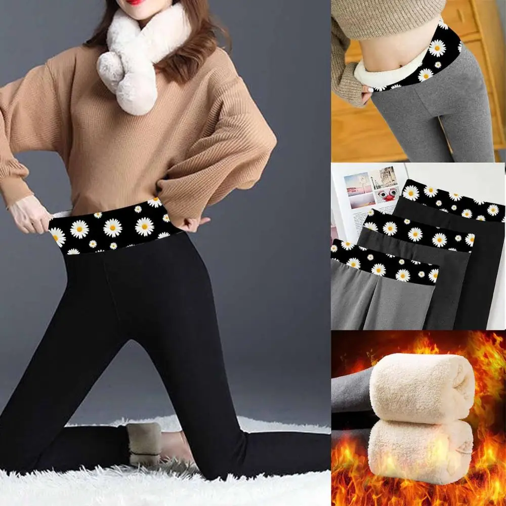 

2021 Plus Size Women Thermal Leggings Casual Women Daisy Printed Flannel Streetwear Trousers Ladies High Waist Warm Long Pants