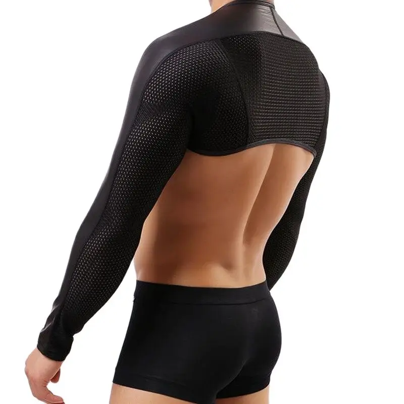 Мужская Сетчатая футболка в стиле пэчворк из искусственной кожи сексуальная