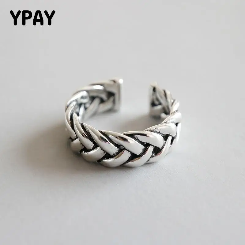 YPAY Pure 100% 925 Sterling Silver Adjustable Ring Jewelry Retro Thick Weave Rings for Women Anillos Bague Femme &amp Homme YMR584 |