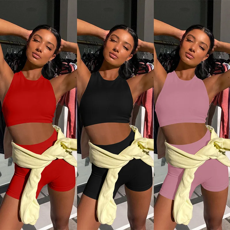 

2021 Summer New Sexy Sleeveless Halter Two-Piece Slim High Waist Shorts Set
