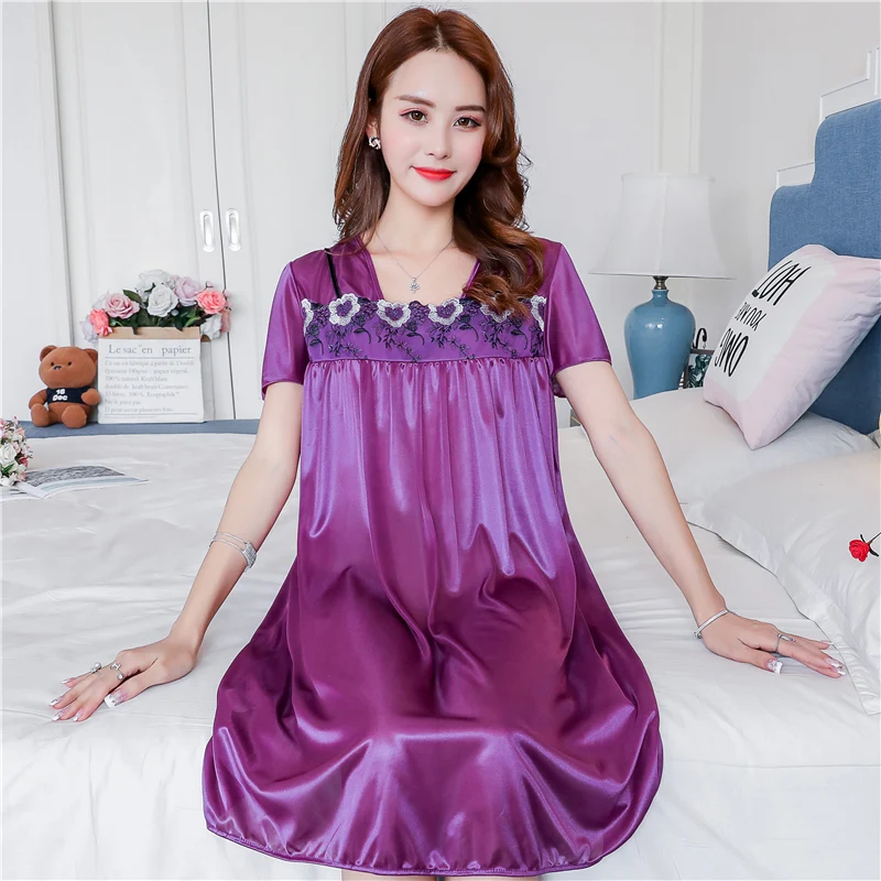 Lace Plus Size M-4XL Nightdress Sexy Sleepwear Nightgowns Night Dress Women Short sleeve Nightwear Faux Silk Satin Nightshirt | Женская