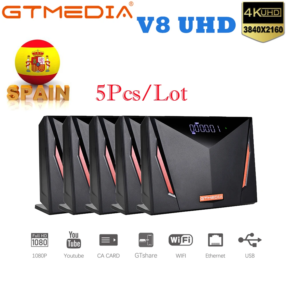 

5pcs/lot Gtmedia V8 UHD satellite TV receiver Built-in wifi support H.265 DVB-S/S2/S2X+T/T2/Cable/ATSC-C/ISDBT and V8X decoder