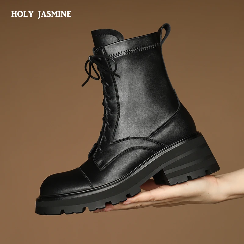 

2021 New Platform Boots Lace-Up Women Ankle Boots Genuine Leather Thick Heels Casual Shoes Woman 2021 Autumn Winter Fashion Cool