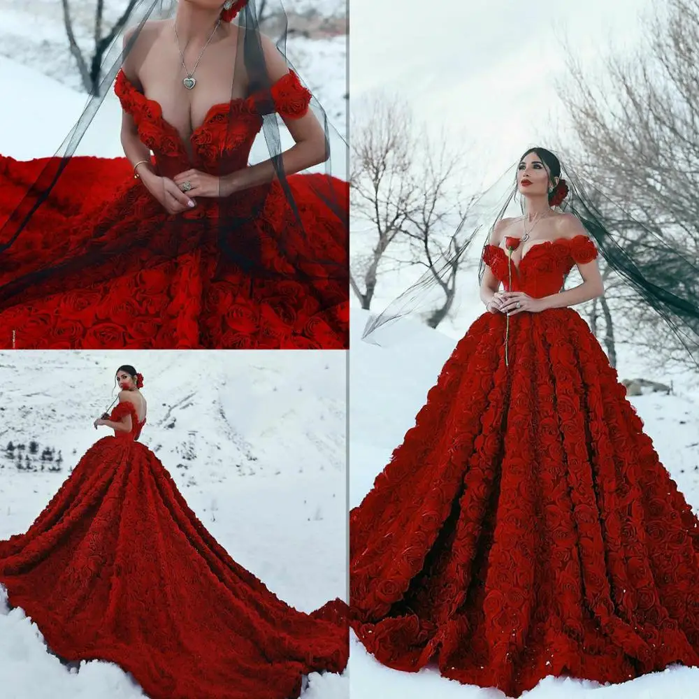 

2020 Dark Red Wedding Dresses with 3D Flowers Off Shoulder Backless Sexy Wedding Dress Saudi Arabic Modern robes de mariée