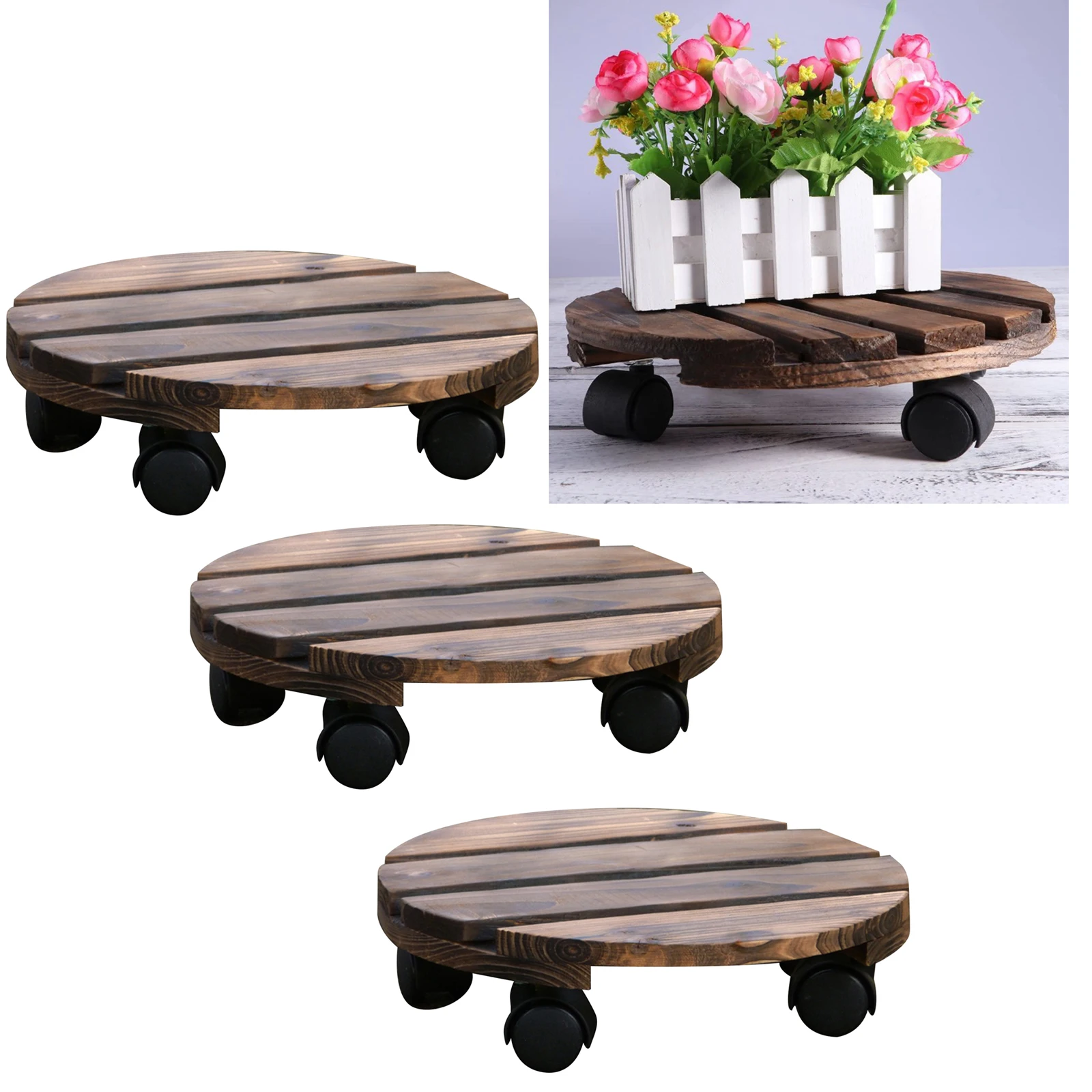 

3xWooden Plant Pot Caddy 25cm Round Garden Plant Pot Trolley 360 Deg Movable