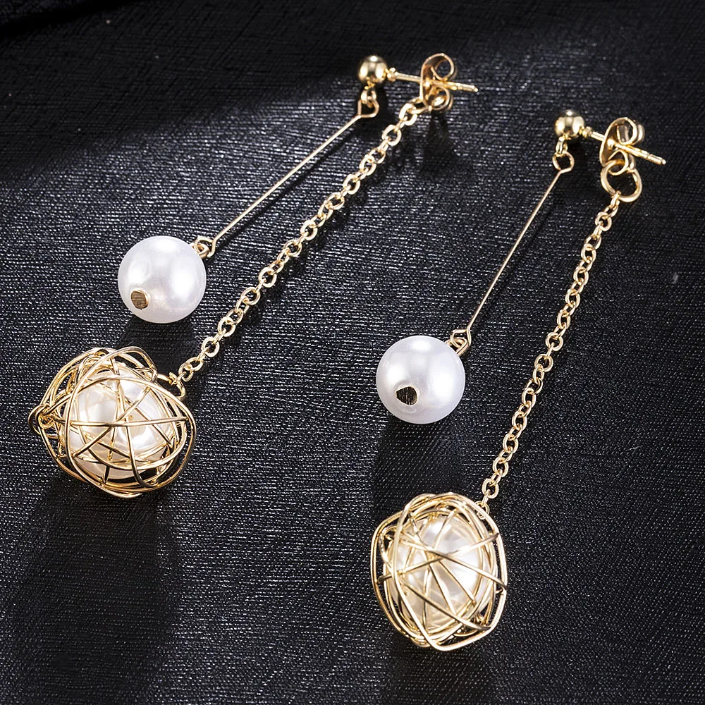 Висячие серьги из шпагат с металлическим шариком и искусственным жемчугом для