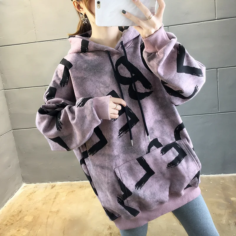 

Oversized Women Hoodie Clothing Long -Sleeved Printed Letters Sweatshirt Fashion Pocket Ladies Casual Pullover Women Korean