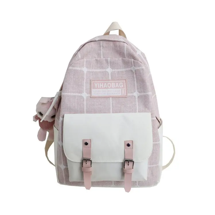 

Sweet girl canvas plaid decorative backpack literary versatile matching color college style student schoolbag