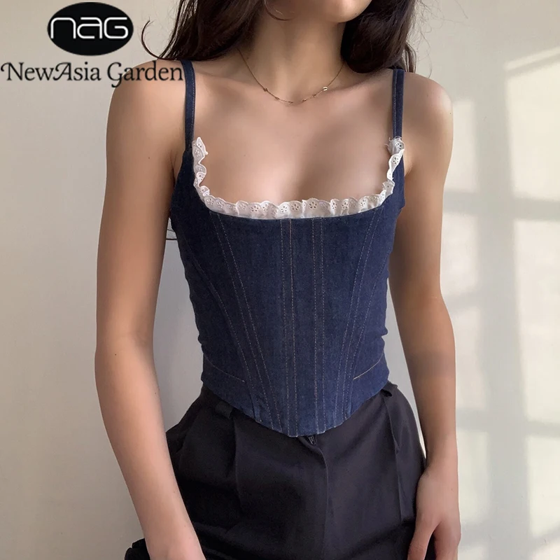 

NewAsia Denim Tank Top Women Zipper Boning Lace Patchwork Square Neck Backless Cropped Bustier Lady Casual Streetwear Jeans Vest