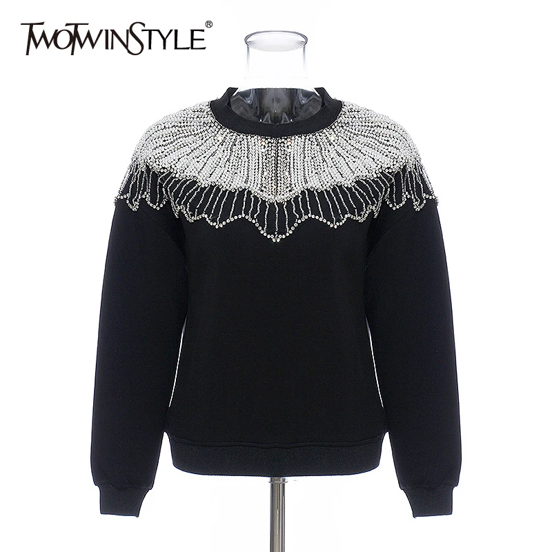 Женская толстовка TWOTWINSTYLE осенняя черная Лоскутная с круглым вырезом и длинным