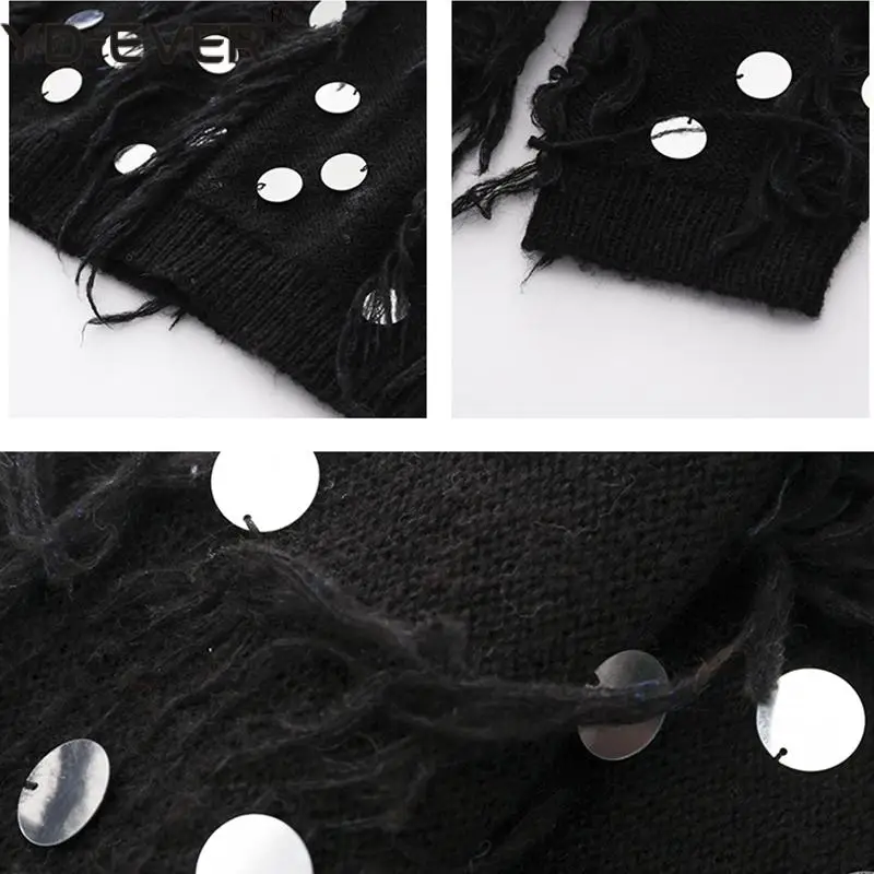 Женский пуловер с бахромой черный белый длинный джемпер оверсайз металлическими