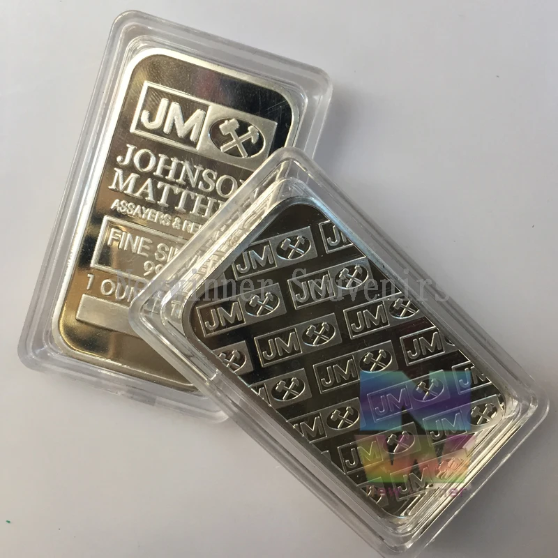 

silver bullion Non magnetic The Johnson Matthey JM bar coin 1 OZ brass core plated ingot badge 50 mm x 28 mm decoration bar