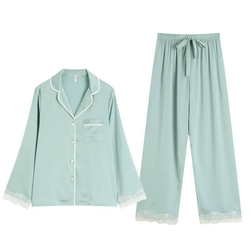 

Pajamas for Women Solid Sleepwear Female Silk Satin Long Sleeve and Pants Pyjamas Two Piece Set Thin Pijamas Loungewear