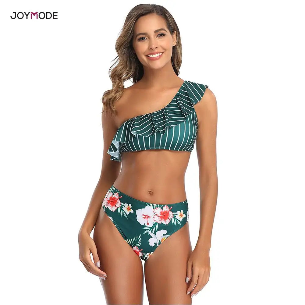 

JOYMODE Women Ruffled Flounce One Shoulder Swimsuit Floral Print Women Bikini Set Sexy Beamle Beach Wear Striped Bashing Suit