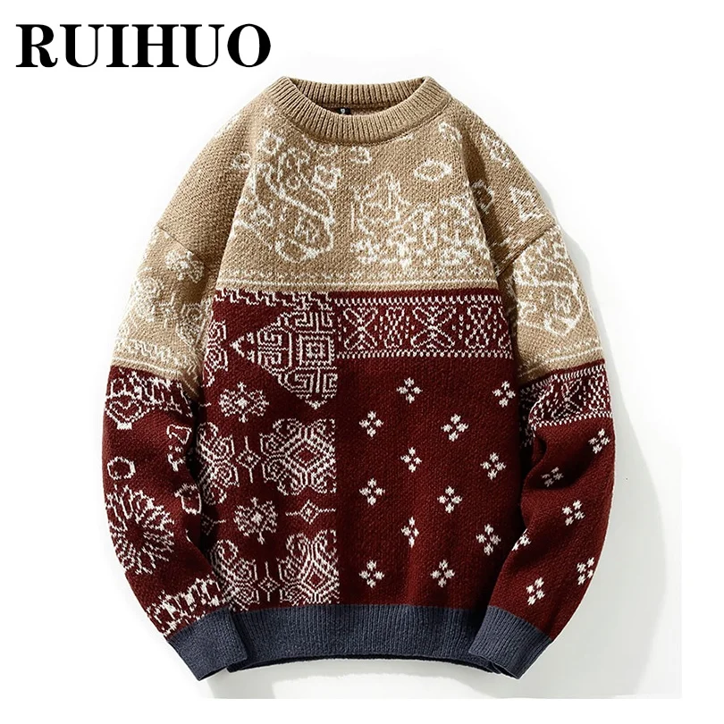 

Вязаный свитер RUIHUO в национальном стиле, Мужская одежда, уличная одежда, корейская мода, мужской свитер в стиле Харадзюку 3XL, зима 2021, новое п...