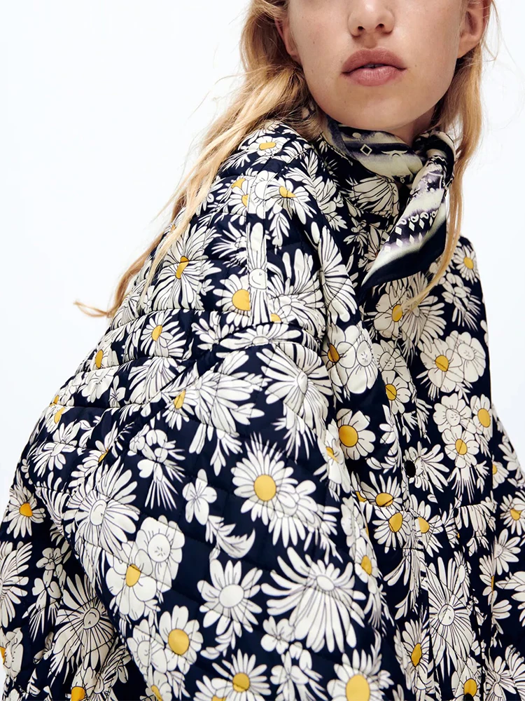 

Женская бейсбольная куртка ZA, Повседневная Свободная бейсбольная форма с принтом Маргариток и воротником-стойкой, Осень-зима