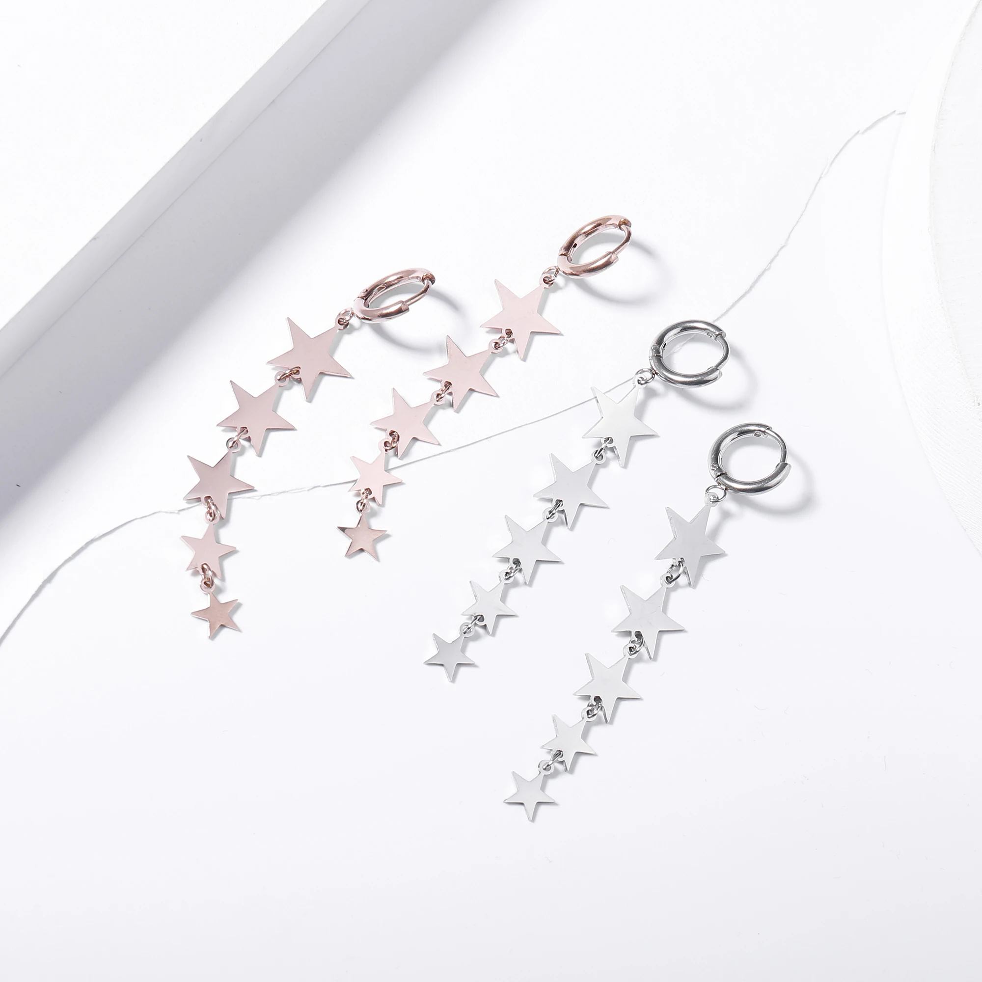 Модные длинные висячие серьги из нержавеющей стали со звездами и сердцами для