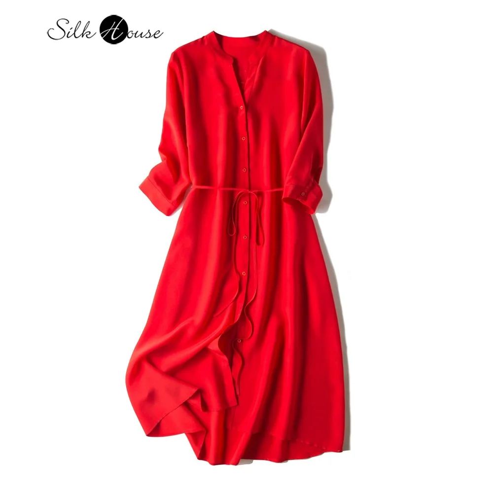 

Red Skirt Silk Dress Mulberry Silk V-neck Waist Closing Seven Sleeve Shirt Dress Spring and Autumn Women's Fashion New Style