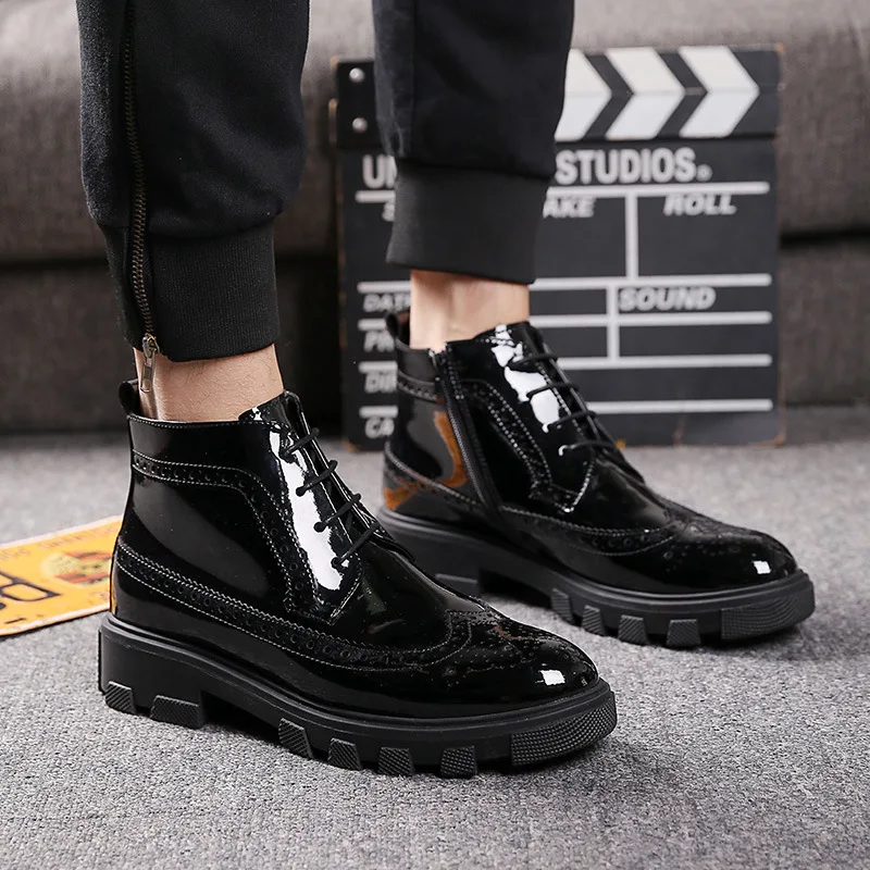 

men casual business wedding formal dress brogue platform boots patent leather bullock shoes black ankle boot zapatos hombre bota