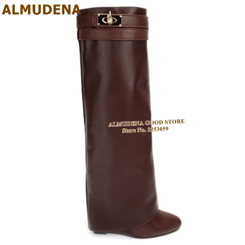 brown leather ALMUDENA/Новые высокие сапоги до колена из замши телесного цвета с замком в виде акулы высокие сапоги на танкетке с металлическим украшением Прямая поставка - Цвет: brown leather