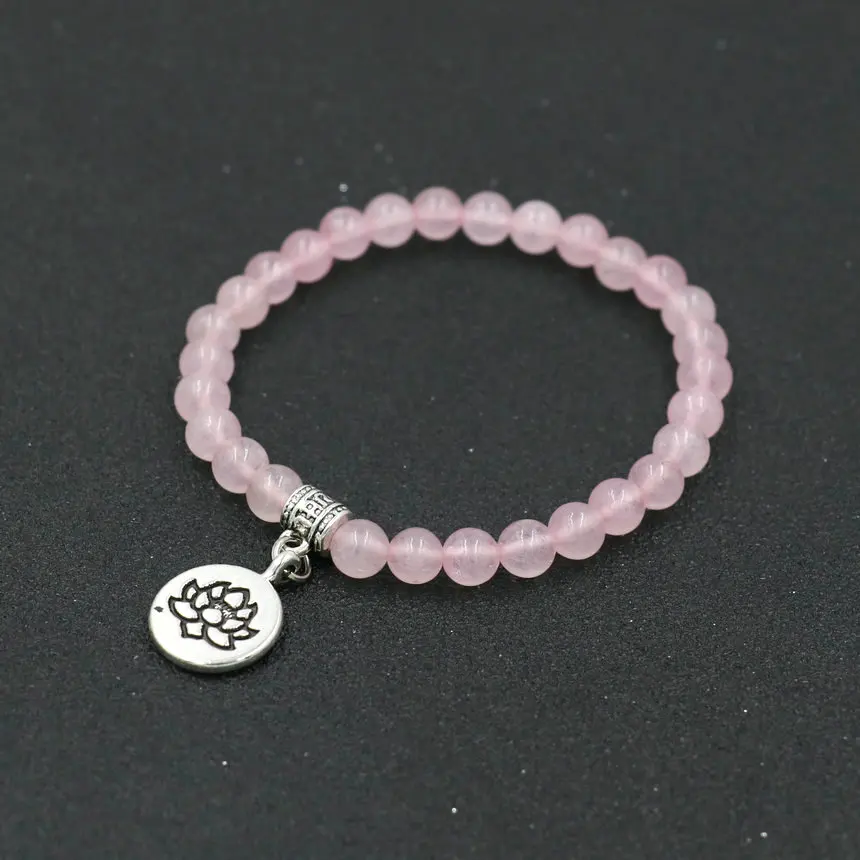 Женский браслет из натурального розового камня женский с имитацией лотоса чакры