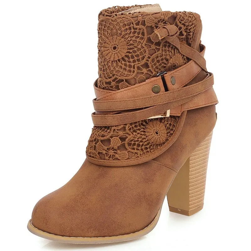2019 hot Women Boots Autumn Winter High Heels Shoes For Female lace Buckle Daily Martin Short Leather Ankle | Обувь