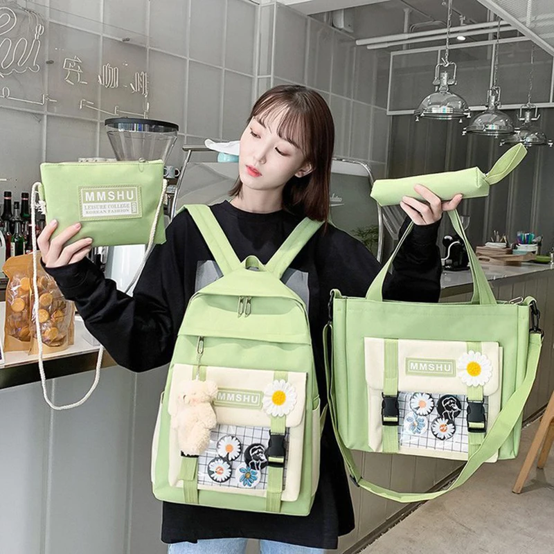 

2021 New Four-Piece Canvas Backpack Korean Version Campus Mlddle School Student Bookbag For Teen Girls Light-Weight Laptop Bag