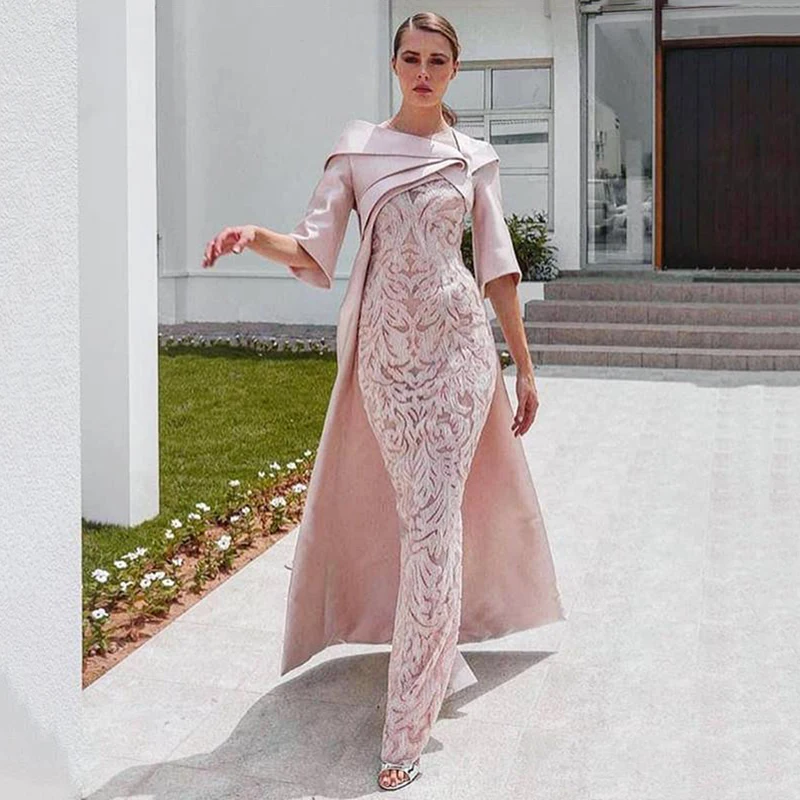 

Eightree Arabic Mermaid Evening Dresses Long Lace Blush Pink Formal Party Gowns Satin Half Sleeve Party Occasion Prom Dresses