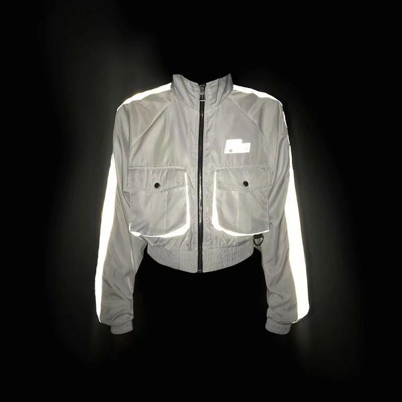 Herfst Nieuwe Reflecterende Jas Vrouw Casual Sport Streetwear Lange Mouw Bomberjack Losse Rits Uitloper |