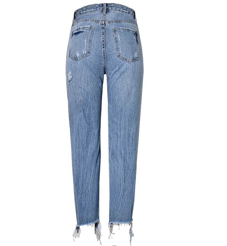 

SHZQ High Waist Slim Straight Pearl 3 Color Studs Irregular Foot Fringe Hole Denim Trousers