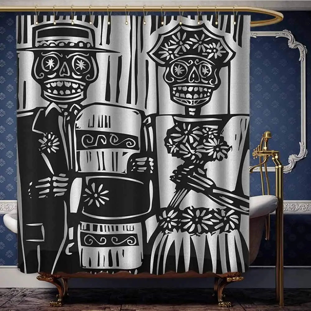 

Woodcut Style Couple Wedding in Cemetery Image with Bride Groom for Spa Decor Black White Shower Curtain