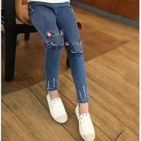 2021 fashion girls jeans cute cat print pants for girl new autumn denim trousers funny kids frayed jeans children clothing 2 12t
